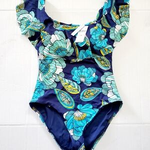 Trina Turk Pirouette Off The Shoulder One Piece Floral Ruffle Swimsuit Size 10